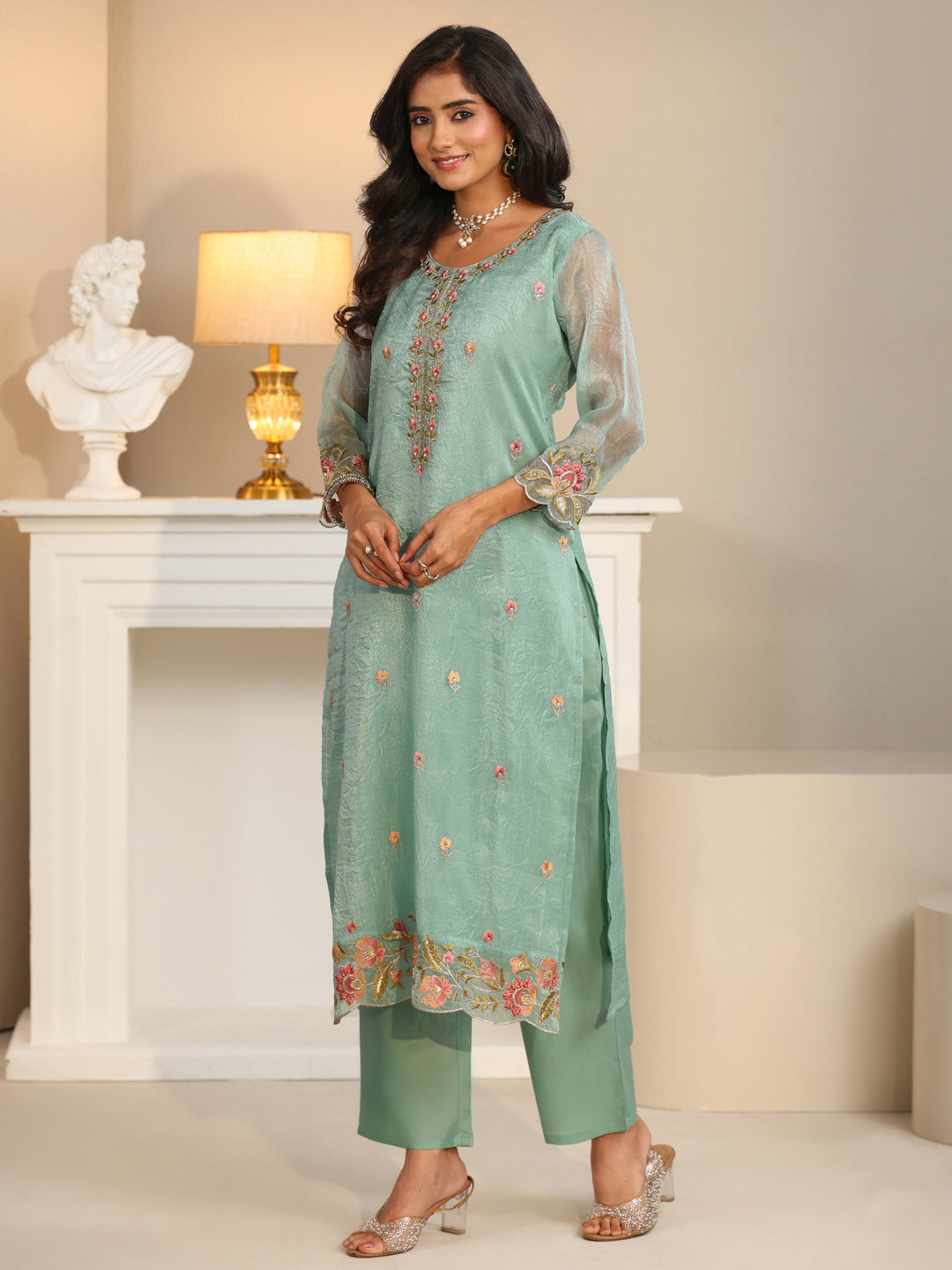  Libas Pale Turquoise Blue Floral Embroidered Tissue Straight Suit Set 