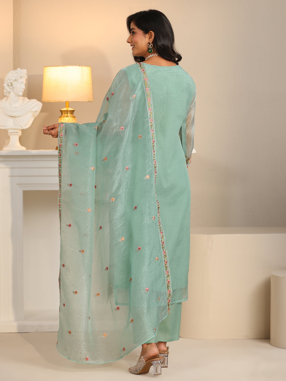  Libas Pale Turquoise Blue Floral Embroidered Tissue Straight Suit Set 
