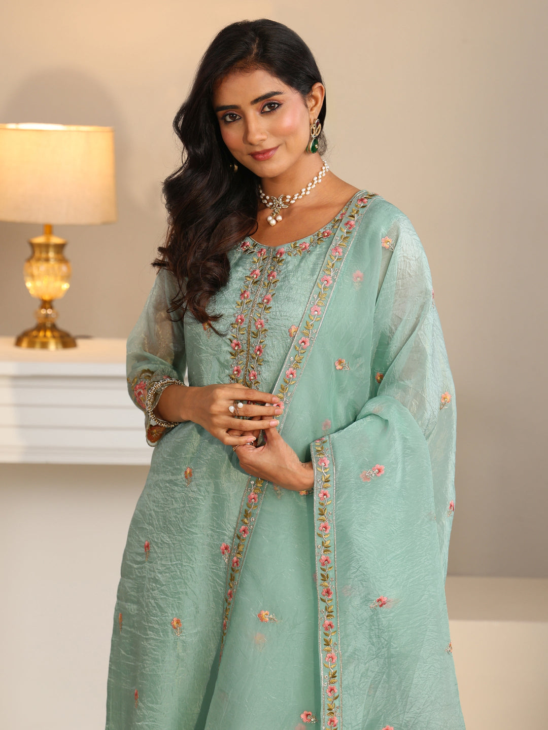  Libas Pale Turquoise Blue Floral Embroidered Tissue Straight Suit Set 