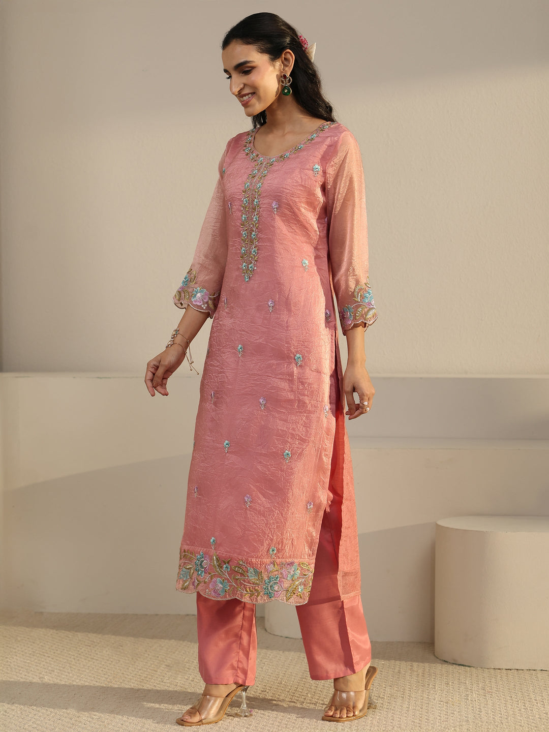  Libas Peach Floral Embroidered Tissue Straight Suit Set 