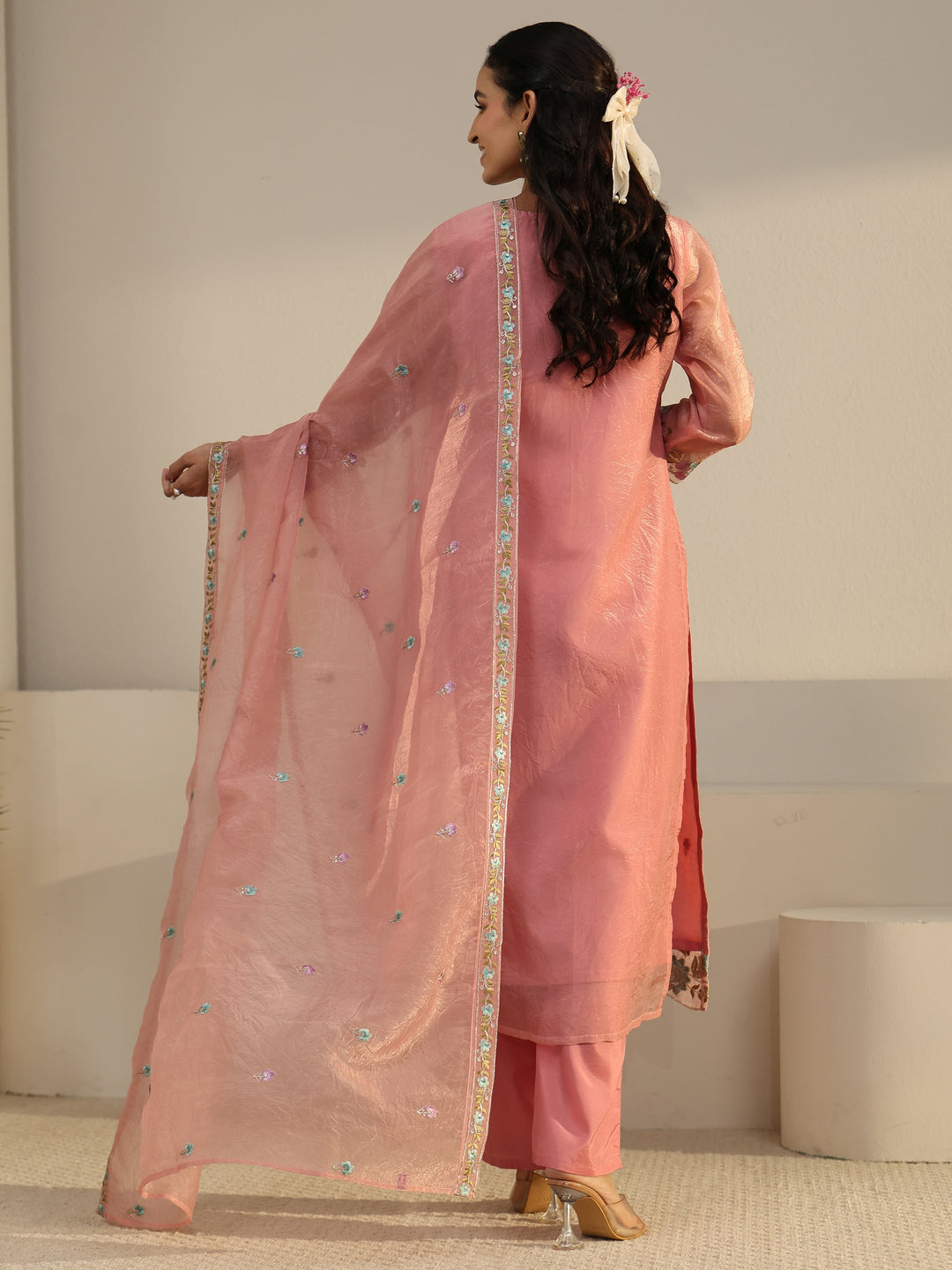  Libas Peach Floral Embroidered Tissue Straight Suit Set 