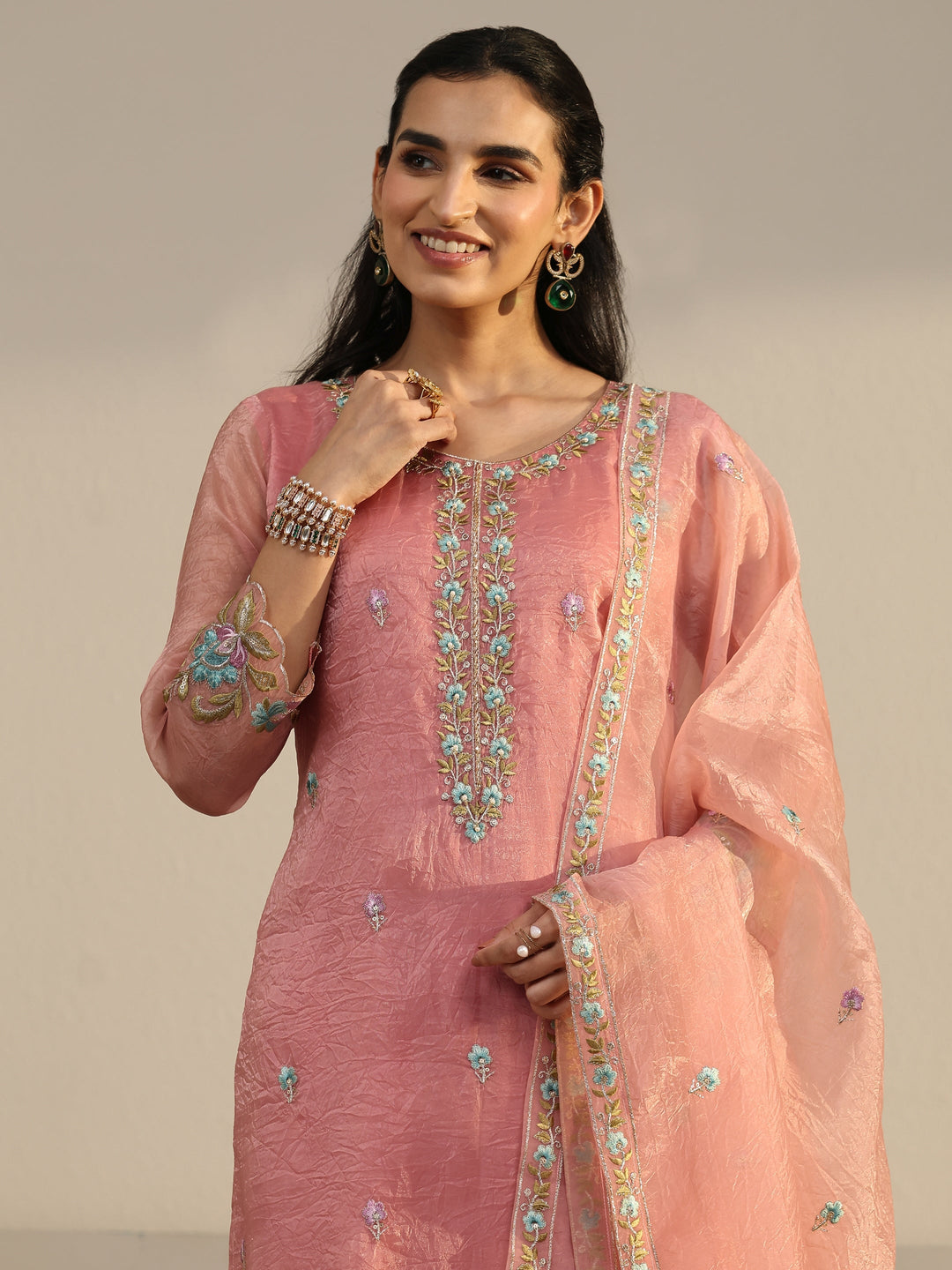  Libas Peach Floral Embroidered Tissue Straight Suit Set 