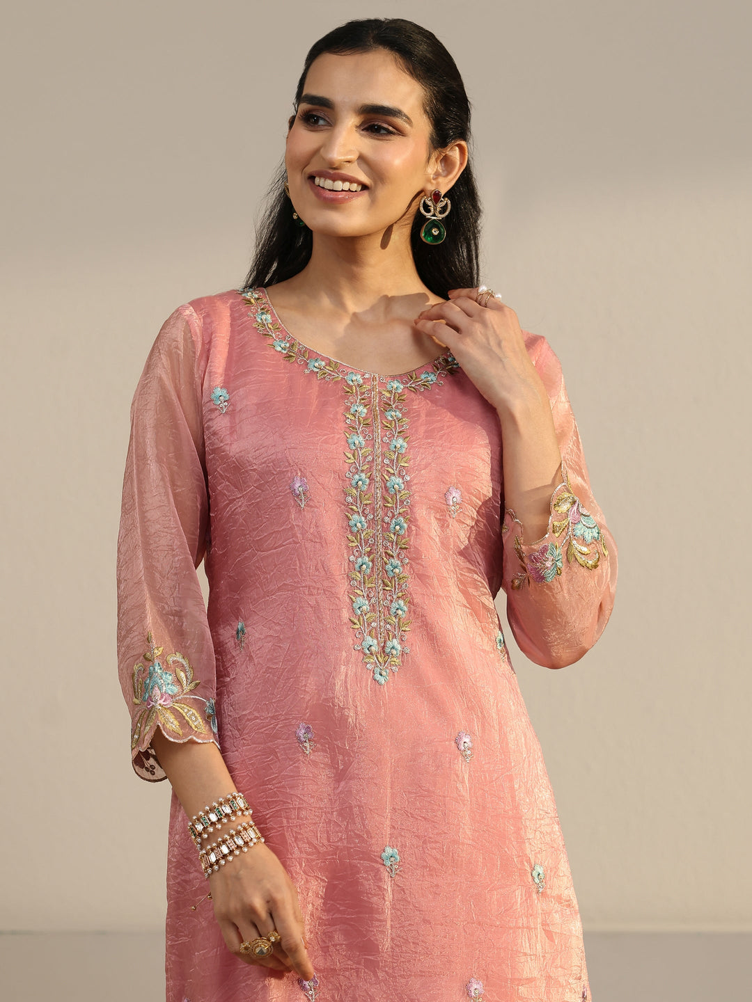  Libas Peach Floral Embroidered Tissue Straight Suit Set 