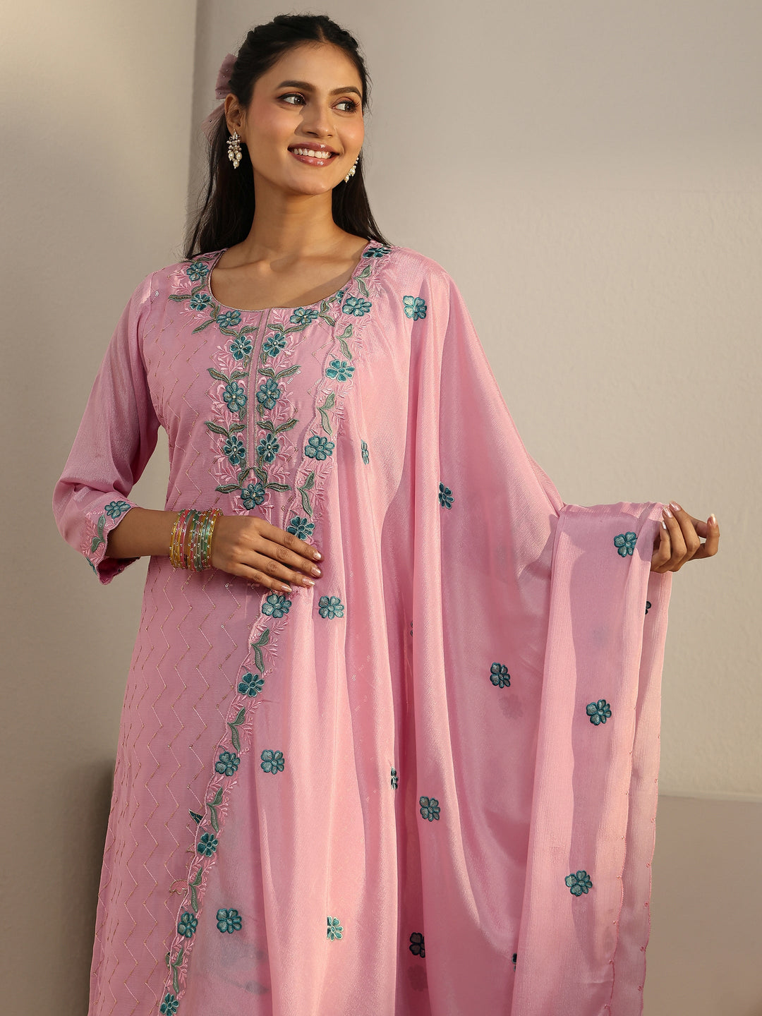  Libas Pink Floral Embroidered Chinon Straight Suit Set 