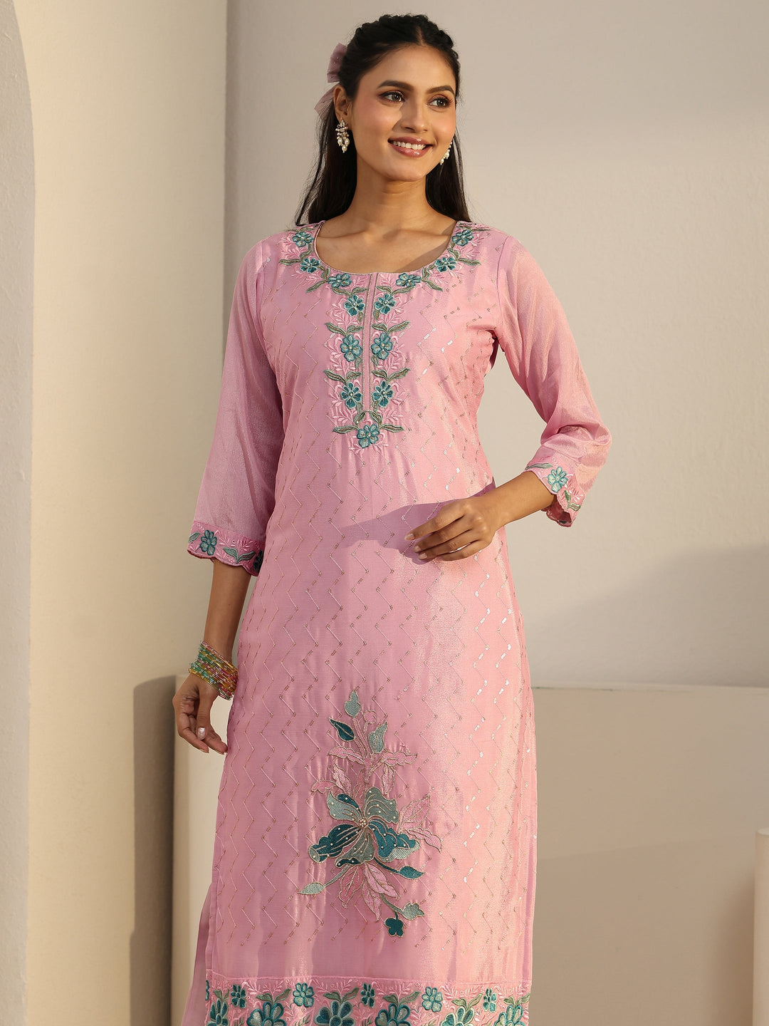  Libas Pink Floral Embroidered Chinon Straight Suit Set 