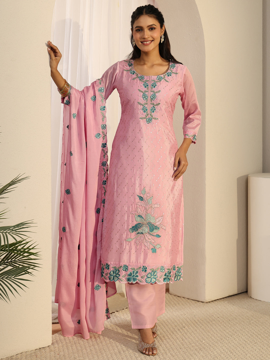  Libas Pink Floral Embroidered Chinon Straight Suit Set 