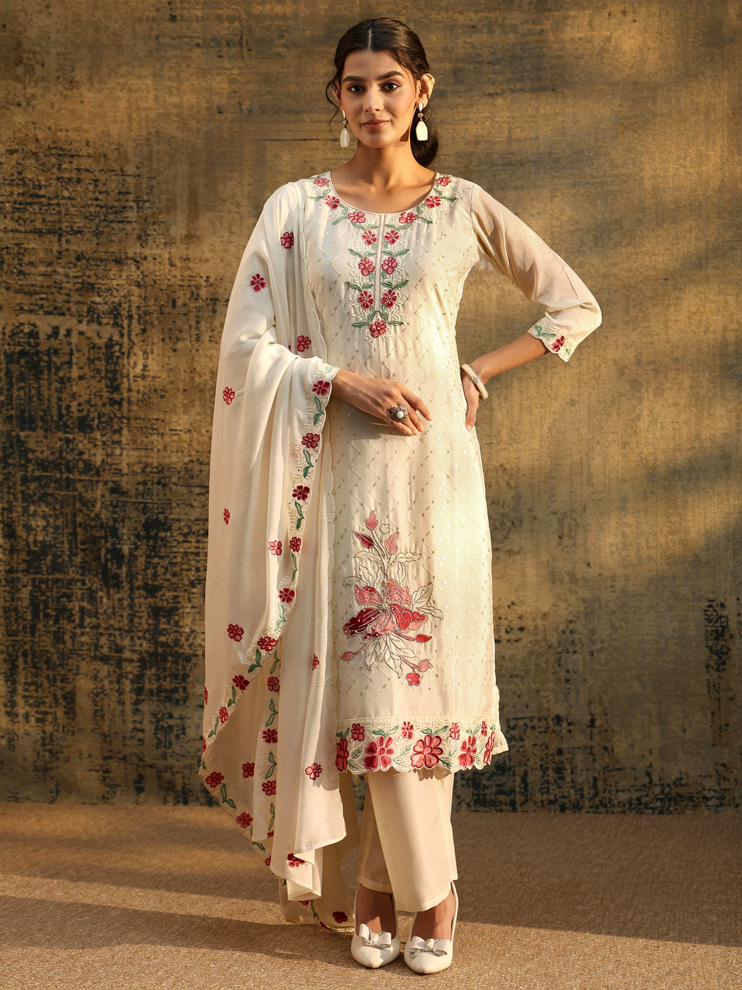  Libas White Floral Chevron Printed Chinon Straight Suit Set 