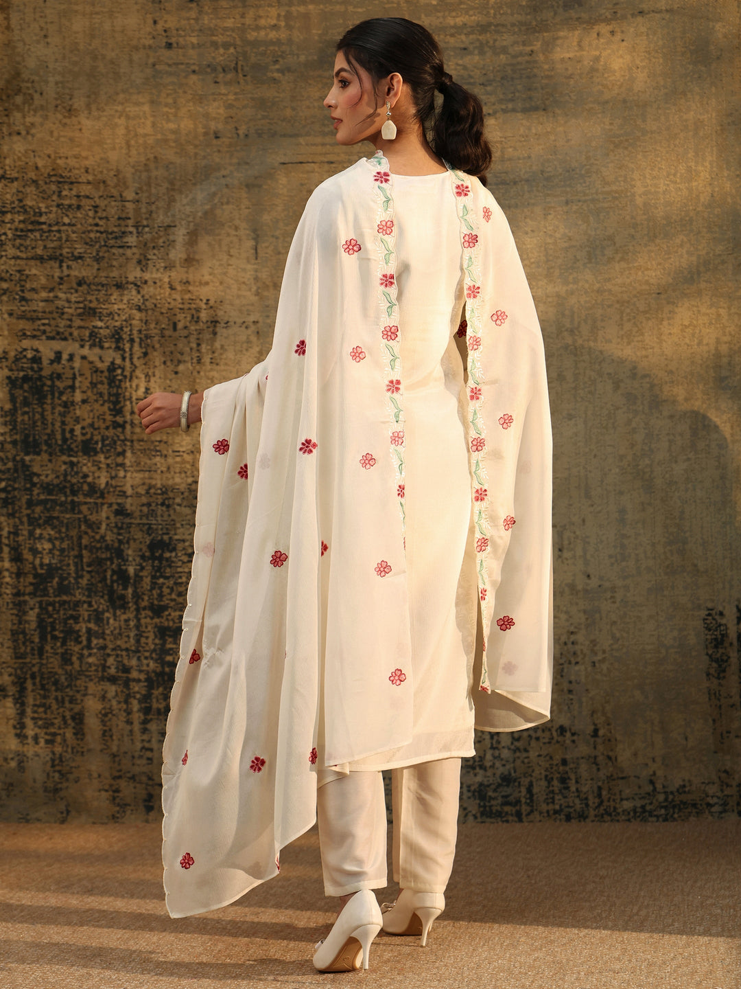  Libas White Floral Chevron Printed Chinon Straight Suit Set 