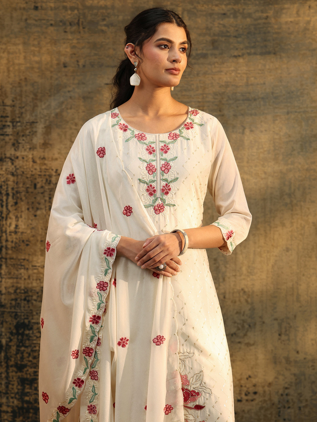  Libas White Floral Chevron Printed Chinon Straight Suit Set 