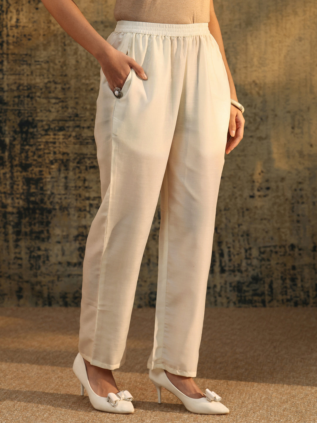  Libas White Floral Chevron Printed Chinon Straight Suit Set 