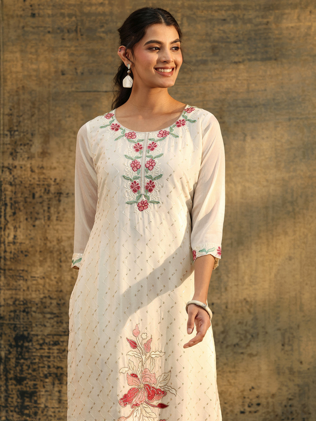  Libas White Floral Chevron Printed Chinon Straight Suit Set 