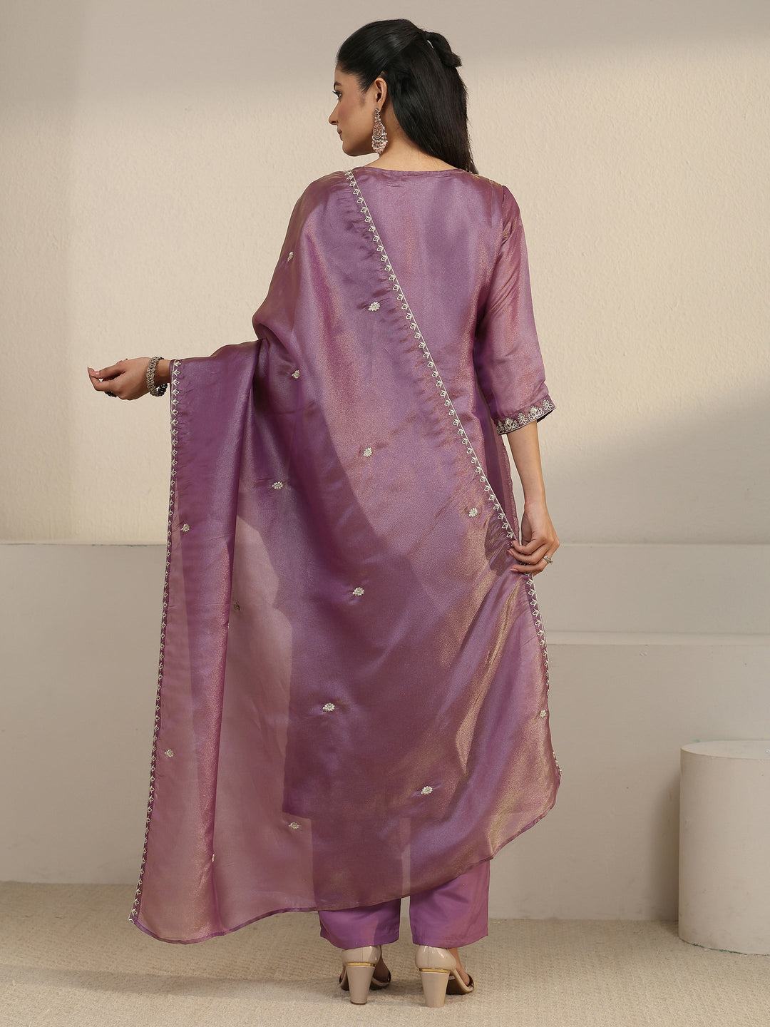  Libas Purple Floral Embroidered Organza Straight Suit Set 
