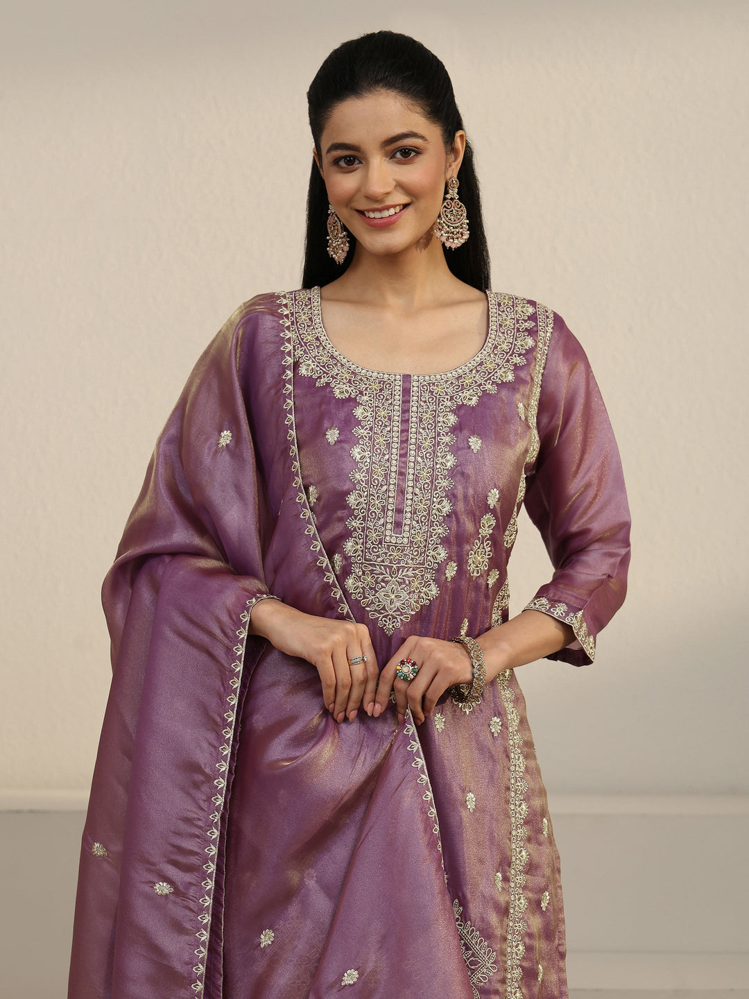  Libas Purple Floral Embroidered Organza Straight Suit Set 