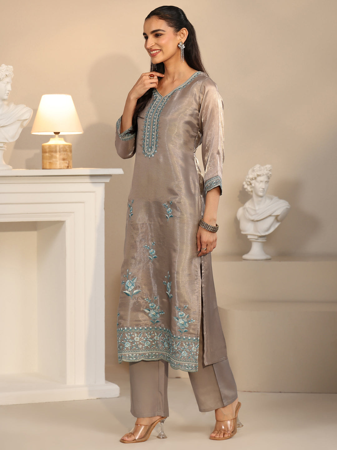  Libas Grey Floral Embroidered Organza Straight Suit Set 