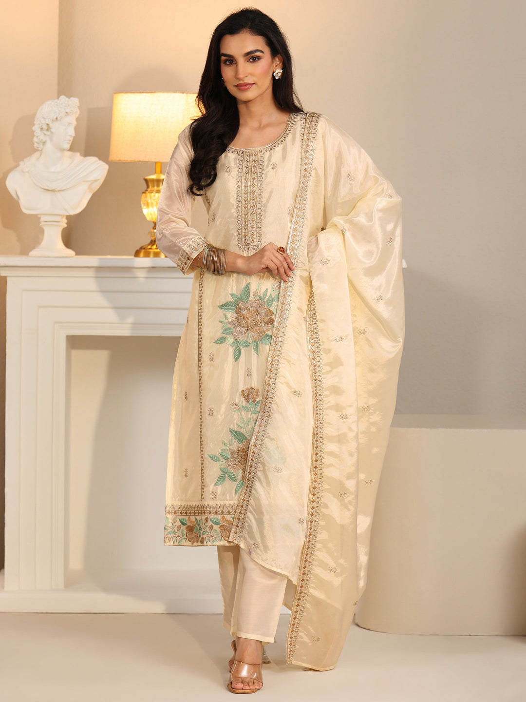  Libas Cream Floral Embroiderd Organza Straight Suit Set 