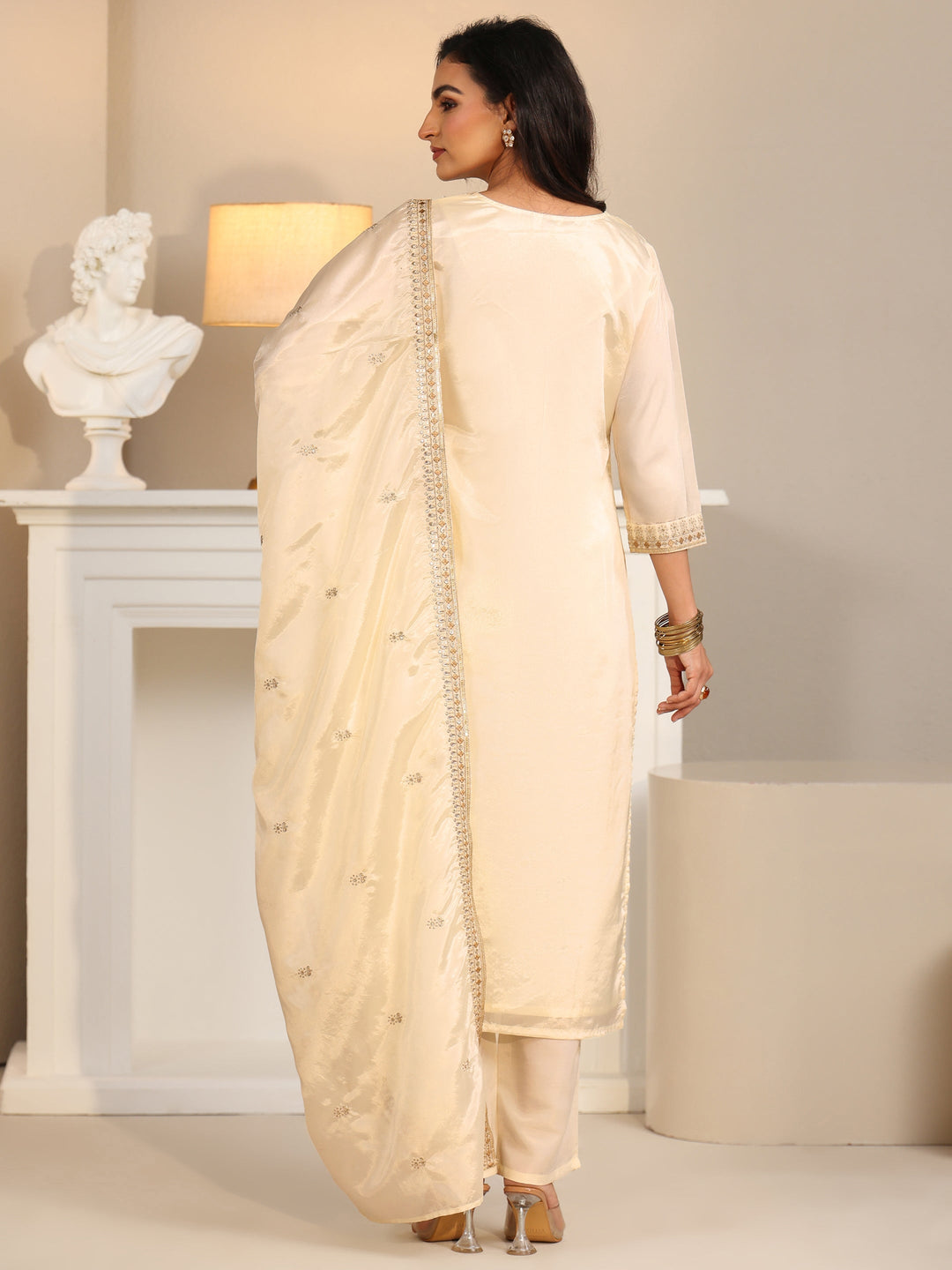  Libas Cream Floral Embroiderd Organza Straight Suit Set 