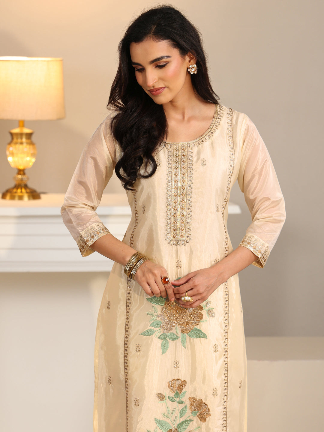  Libas Cream Floral Embroiderd Organza Straight Suit Set 