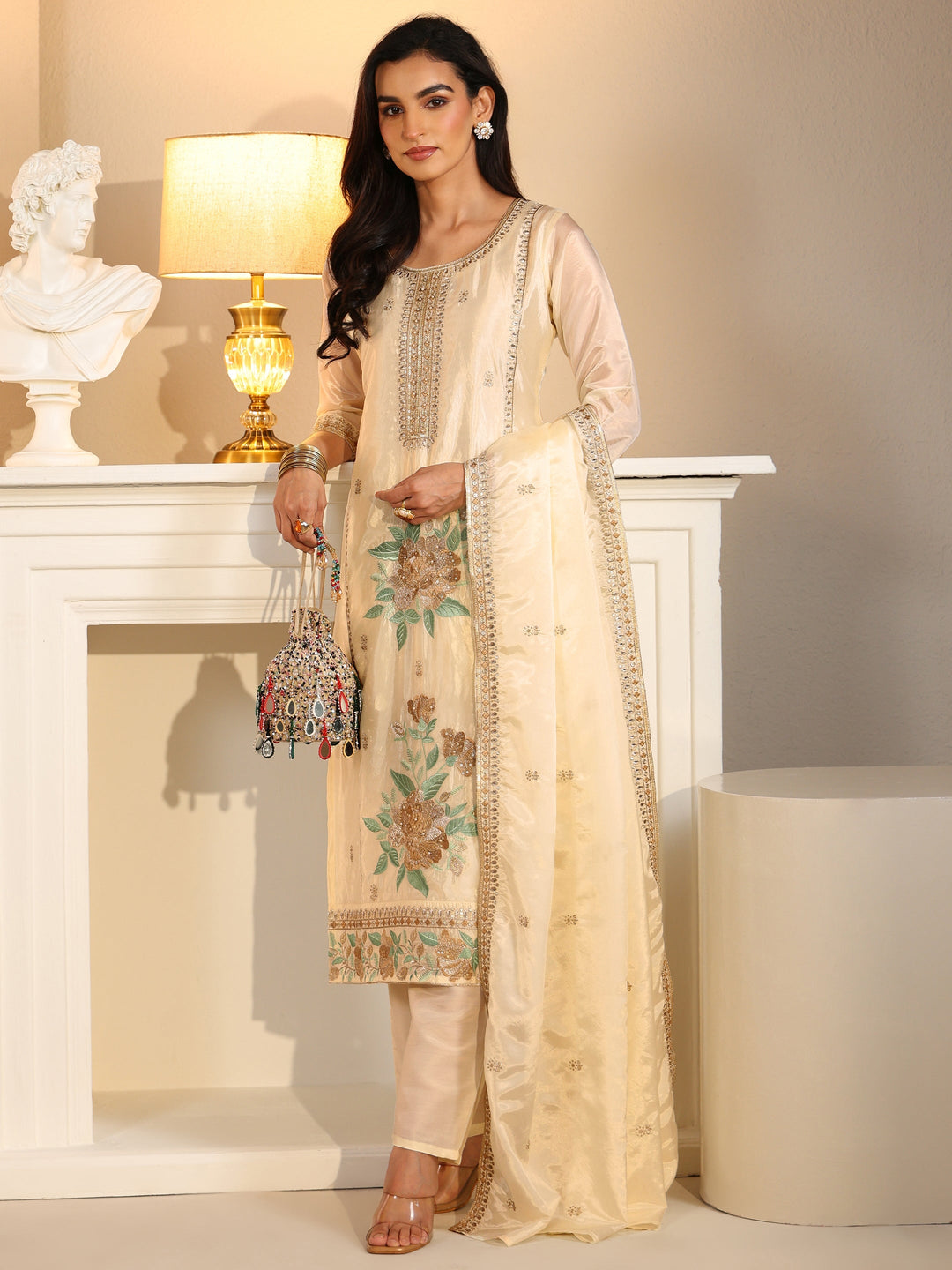  Libas Cream Floral Embroiderd Organza Straight Suit Set 