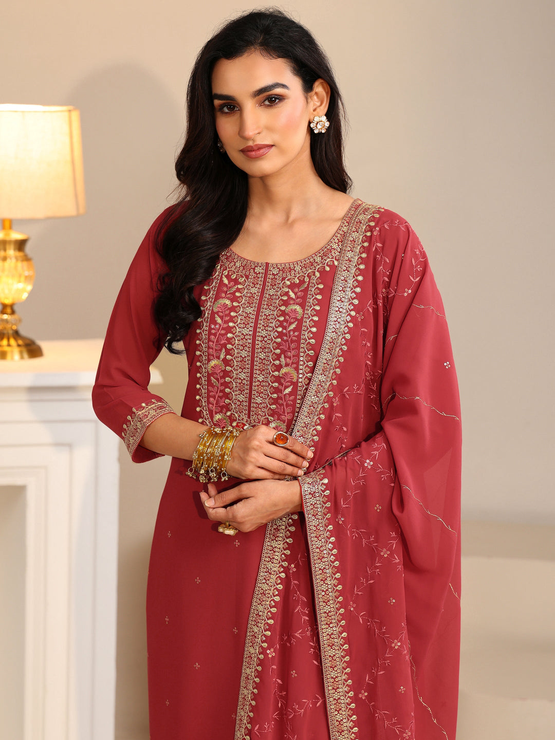  Libas Crimson Red Floral Embellished Georgette Straight Suit Set 