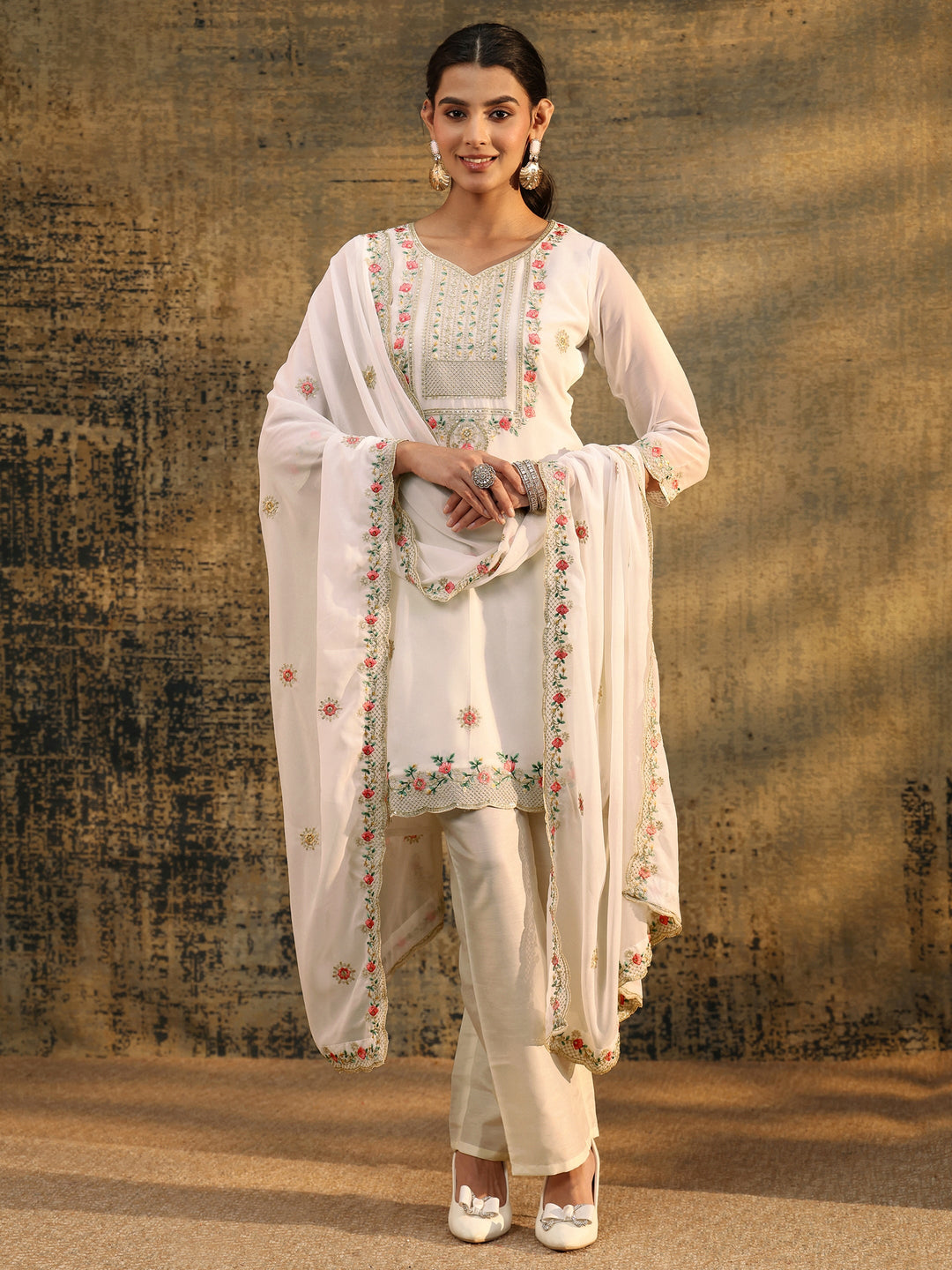  Libas Snow White Floral Embroidered Georgette Straight Suit Set 