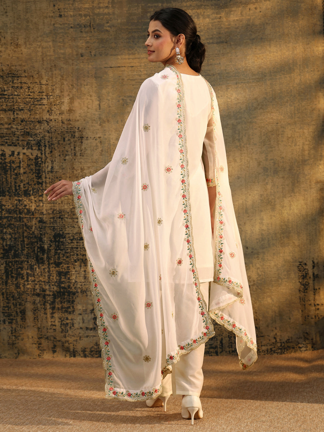  Libas Snow White Floral Embroidered Georgette Straight Suit Set 