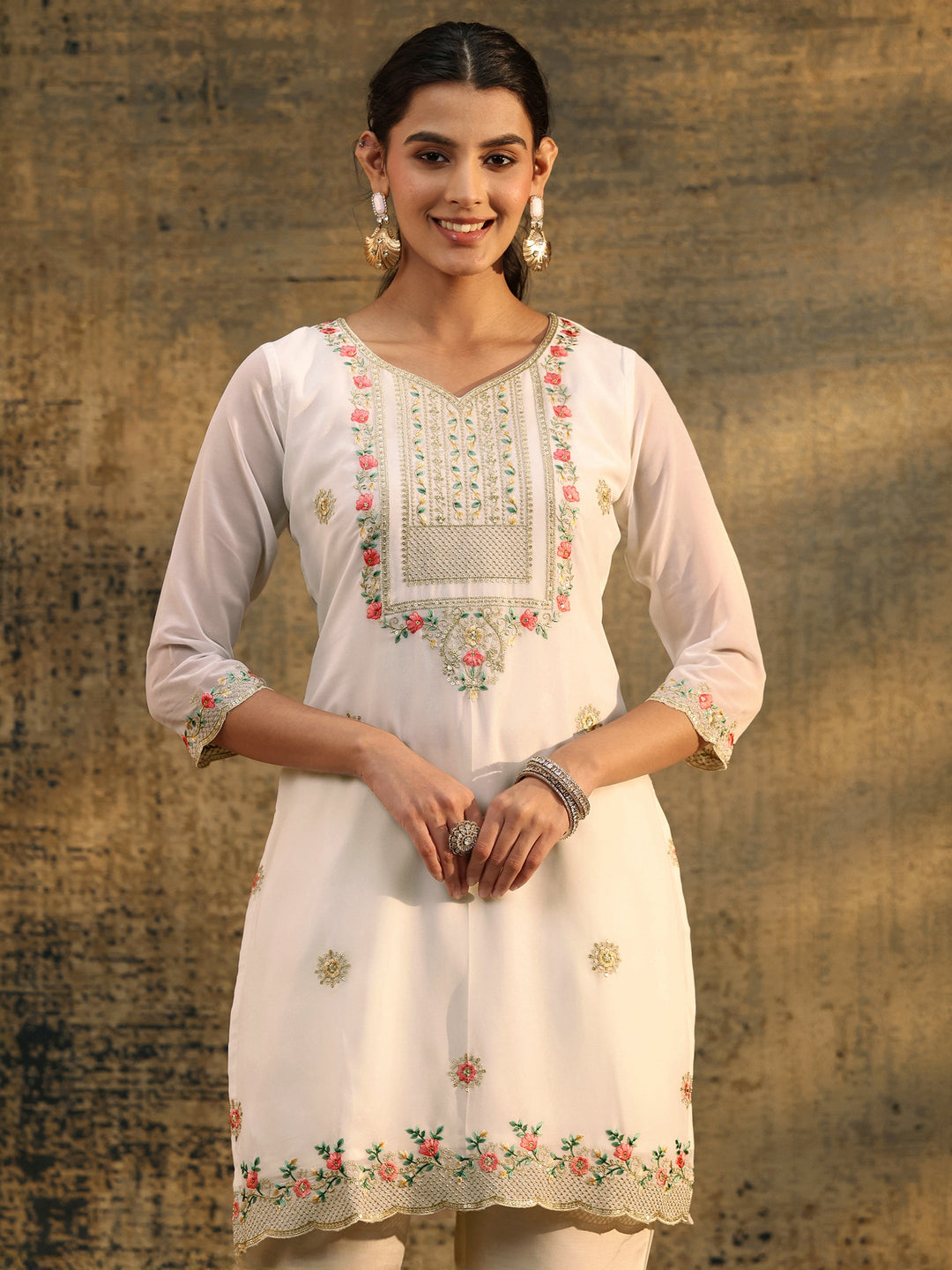 Libas Snow White Floral Embroidered Georgette Straight Suit Set 