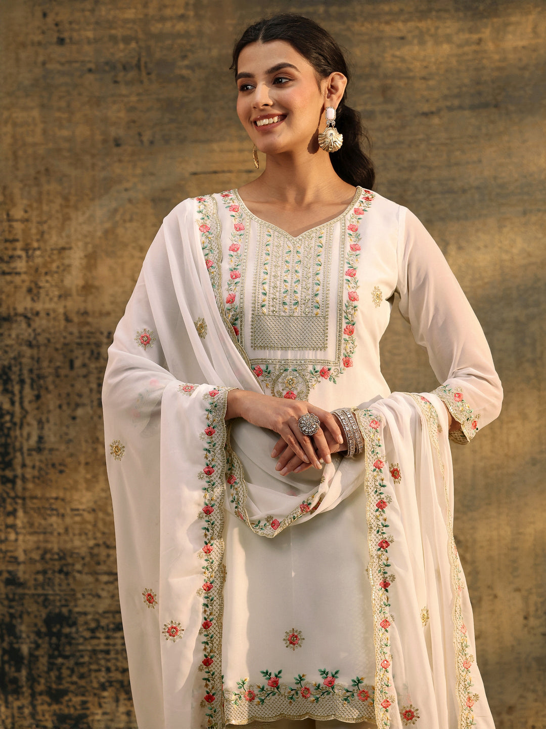  Libas Snow White Floral Embroidered Georgette Straight Suit Set 