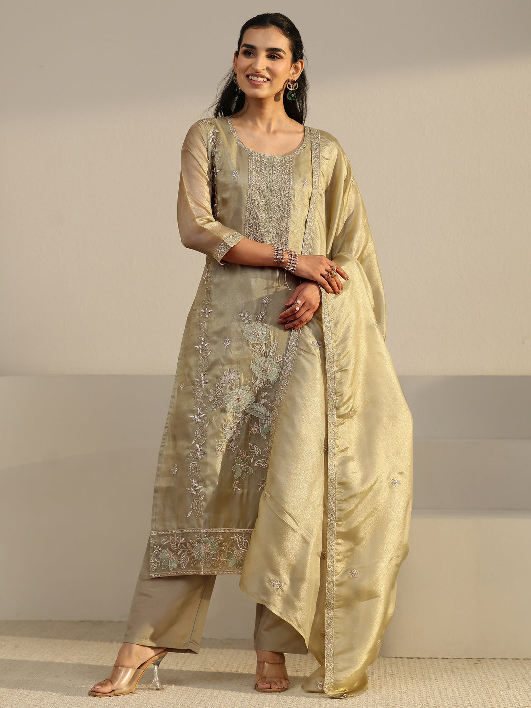  Libas Sage Green Floral Embroidered Organza Straight Suit Set 