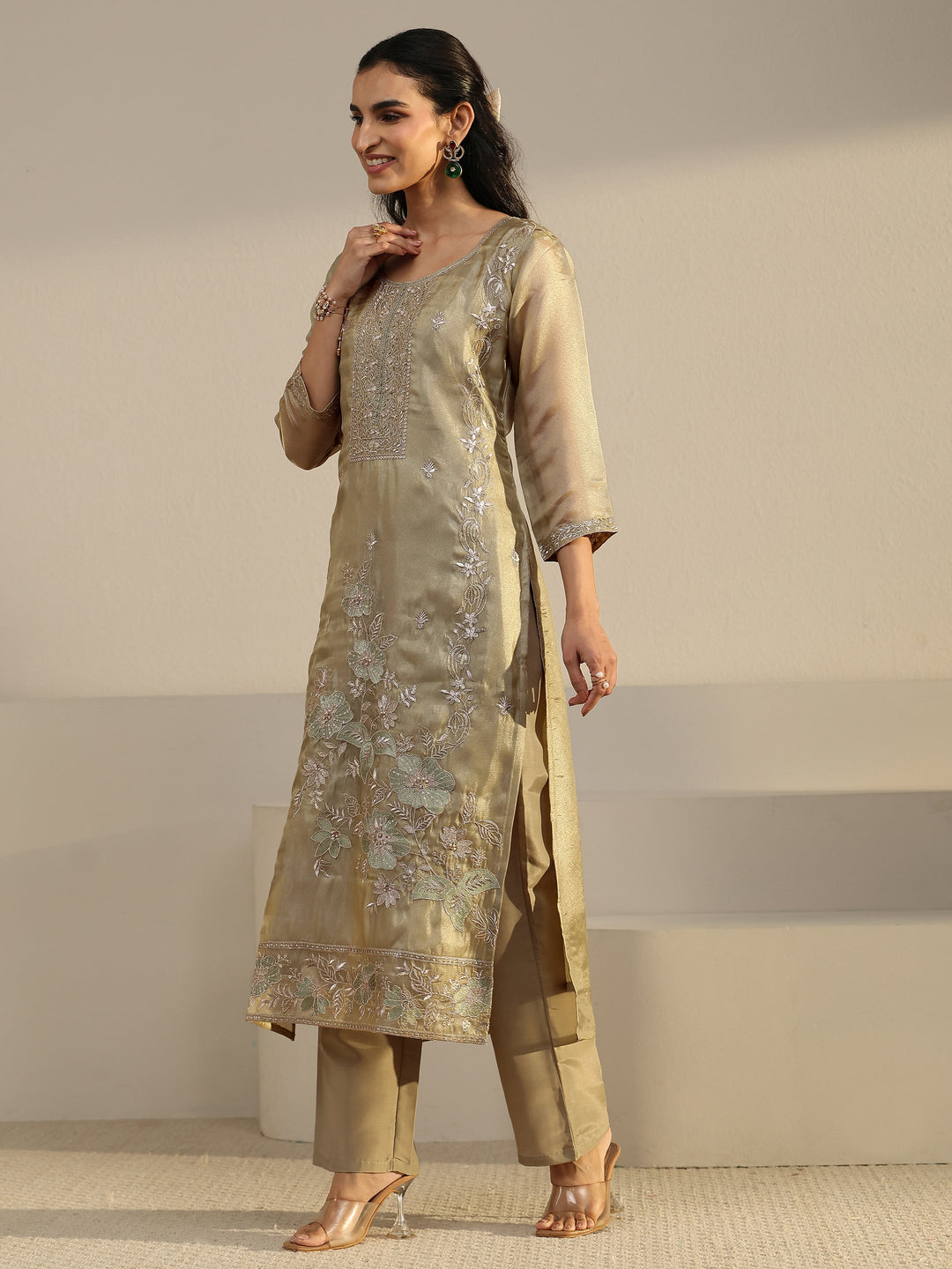  Libas Sage Green Floral Embroidered Organza Straight Suit Set 