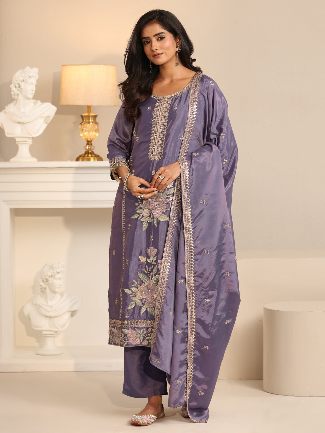  Libas Deep Lavender Floral Embroidered Organza Straight Suit Set 