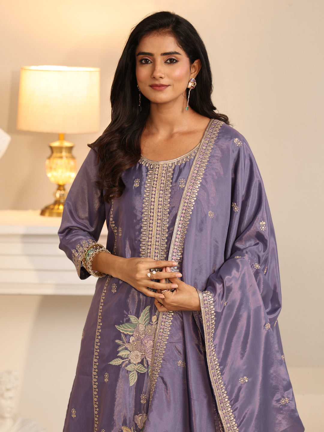  Libas Deep Lavender Floral Embroidered Organza Straight Suit Set 