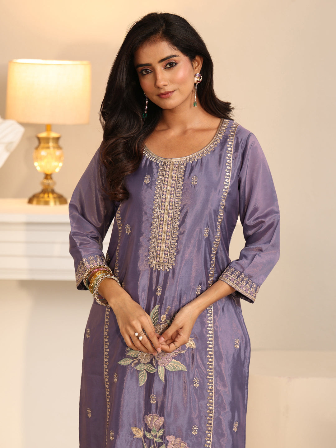  Libas Deep Lavender Floral Embroidered Organza Straight Suit Set 