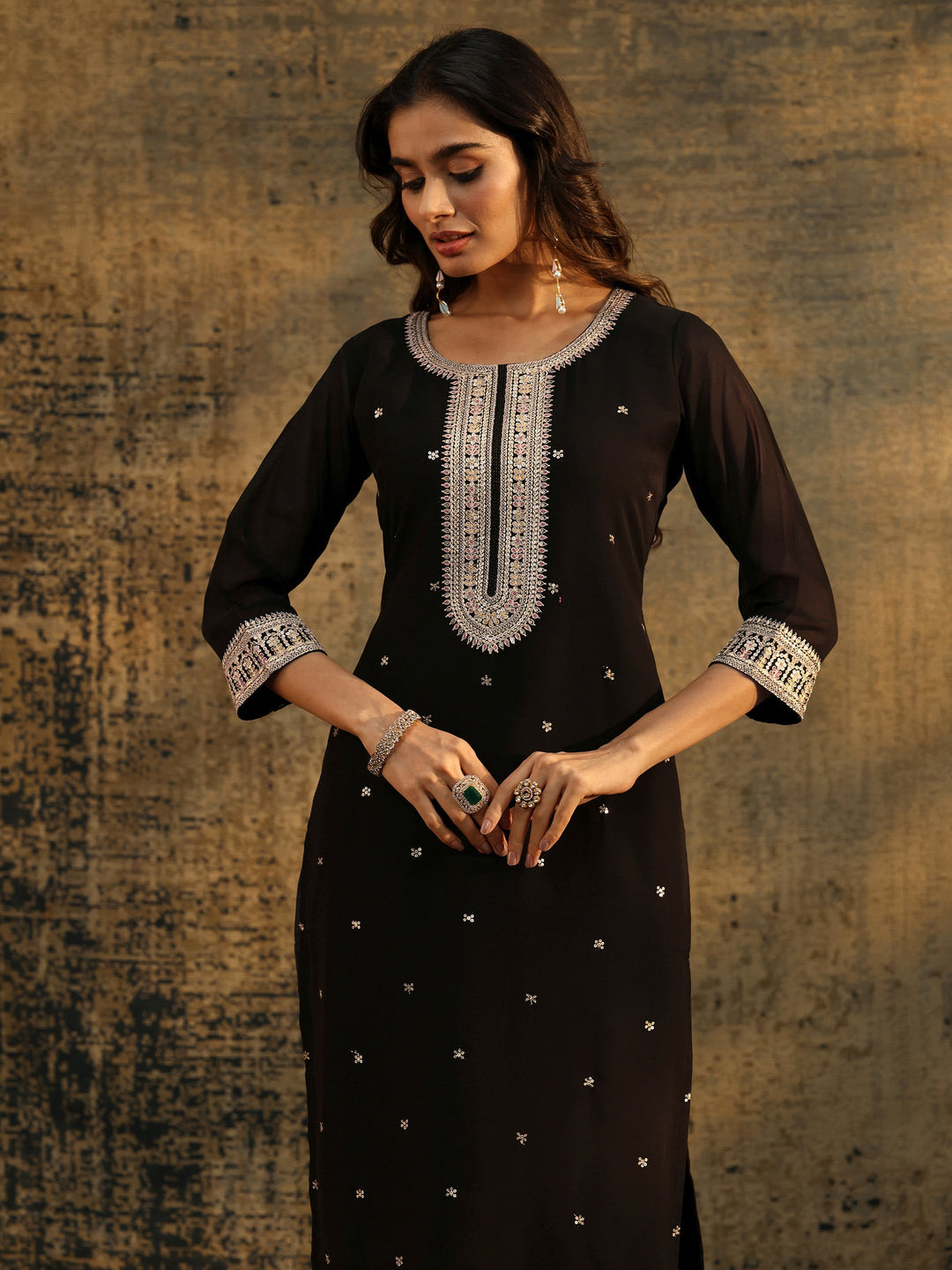  Libas Black Sequins Embellished Georgette Straight Suit Set 
