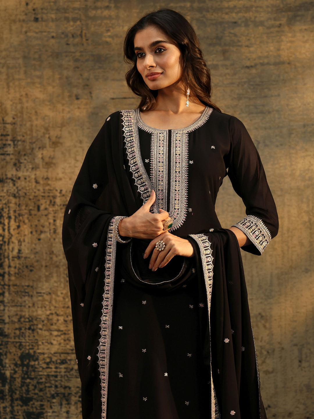  Libas Black Sequins Embellished Georgette Straight Suit Set 