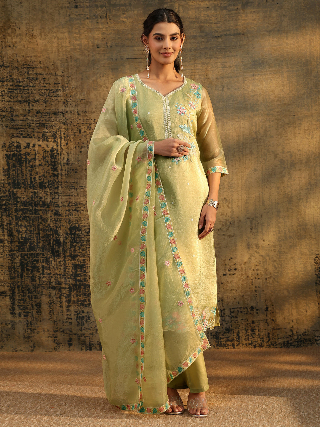  Libas Light Olive Ethnic Embroidered Organza Straight Suit Set 