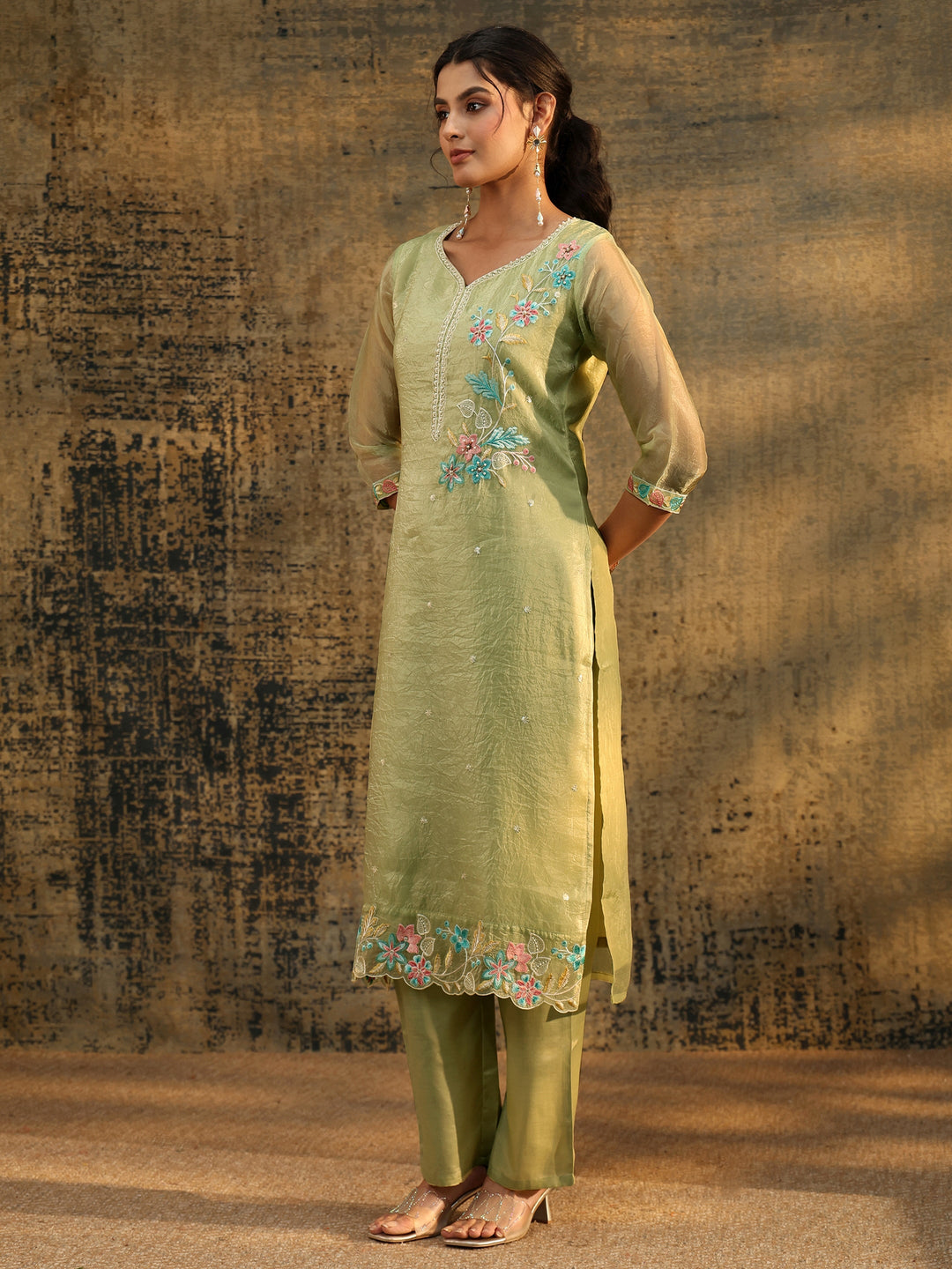  Libas Light Olive Ethnic Embroidered Organza Straight Suit Set 