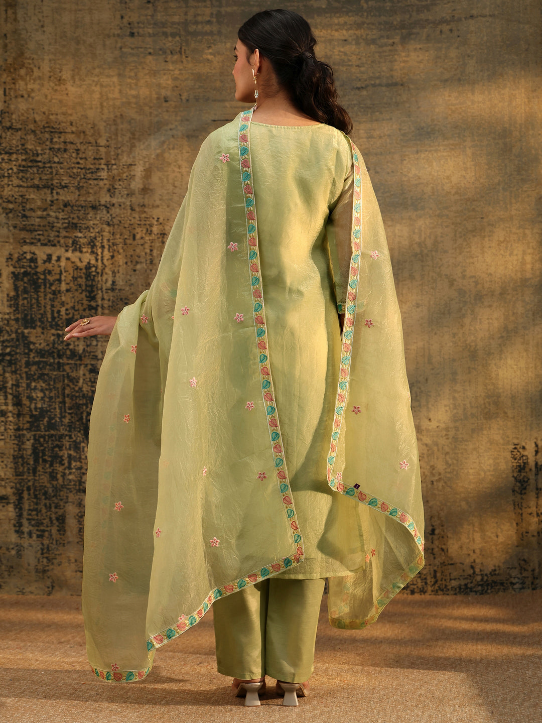  Libas Light Olive Ethnic Embroidered Organza Straight Suit Set 