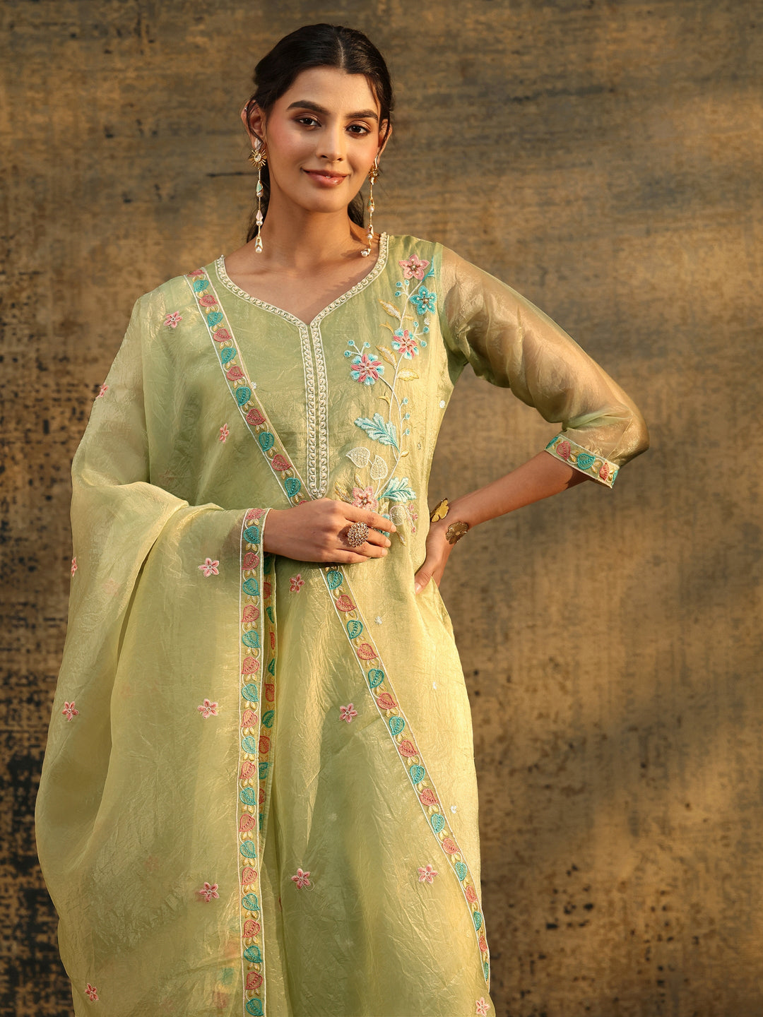  Libas Light Olive Ethnic Embroidered Organza Straight Suit Set 