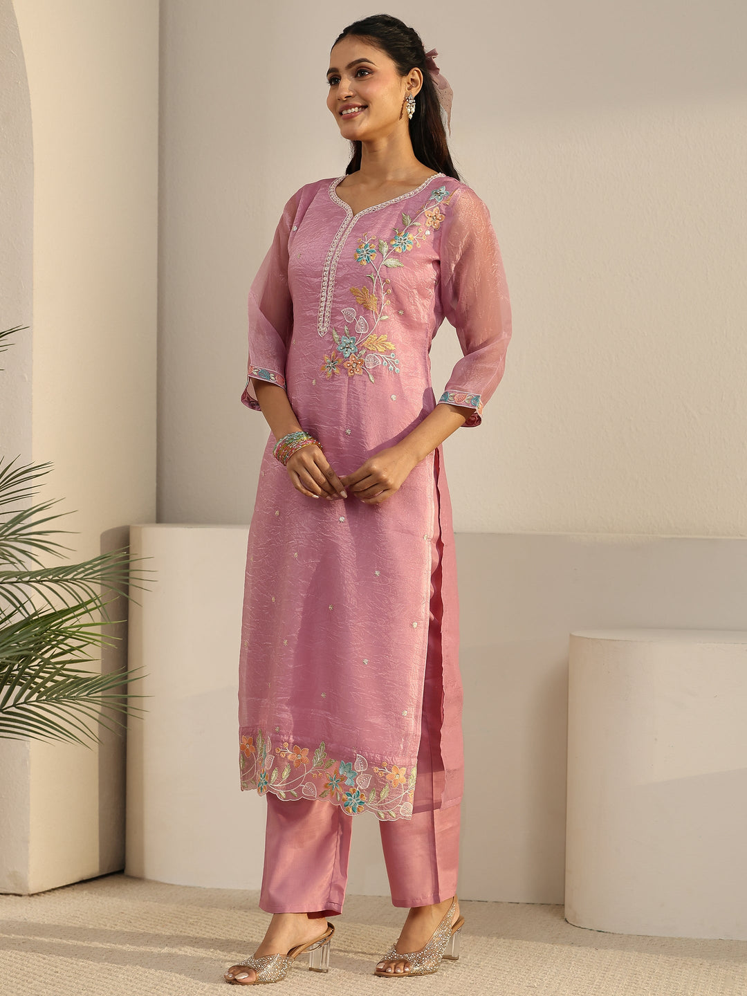  Libas Pink Floral Embroidered Organza Straight Suit Set 