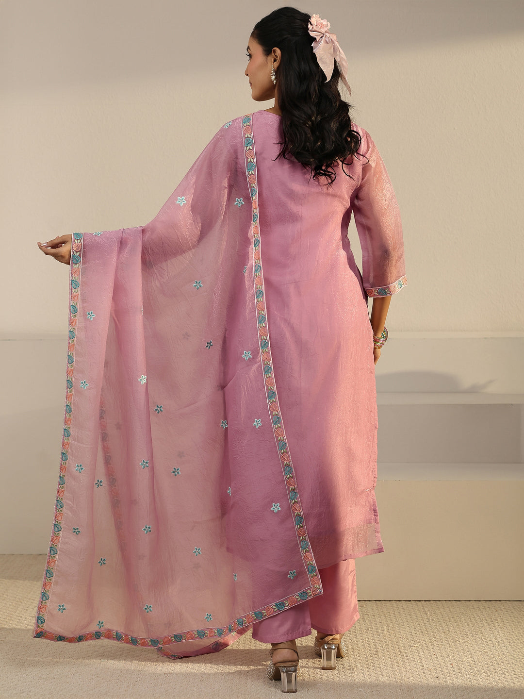  Libas Pink Floral Embroidered Organza Straight Suit Set 