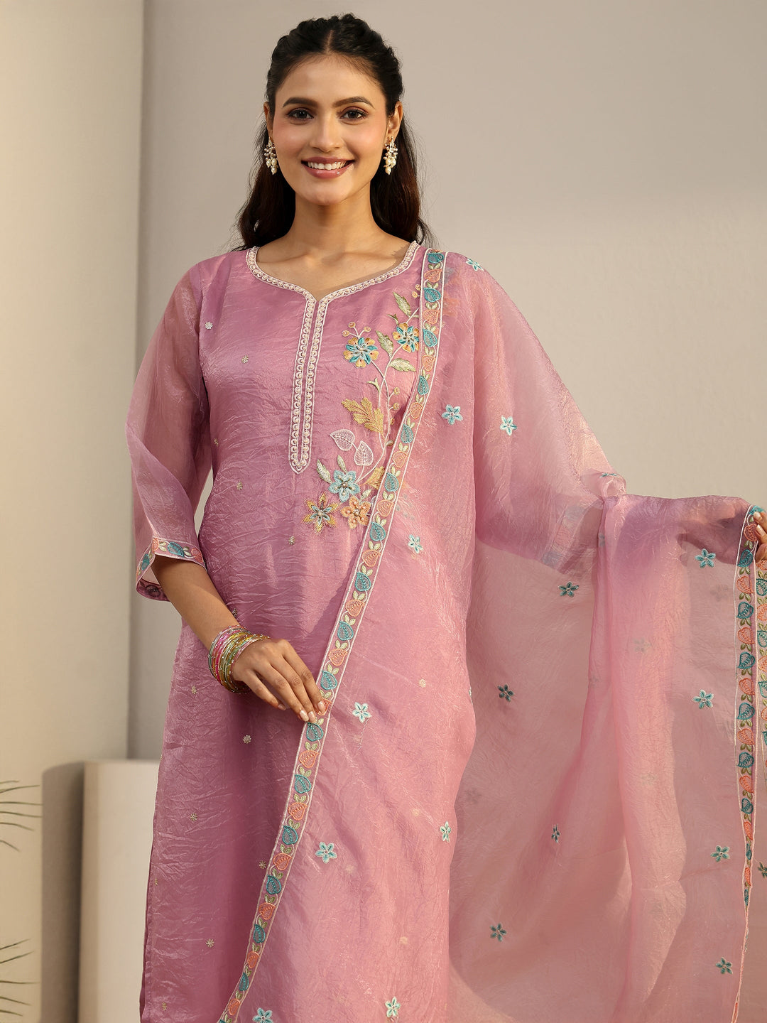  Libas Pink Floral Embroidered Organza Straight Suit Set 