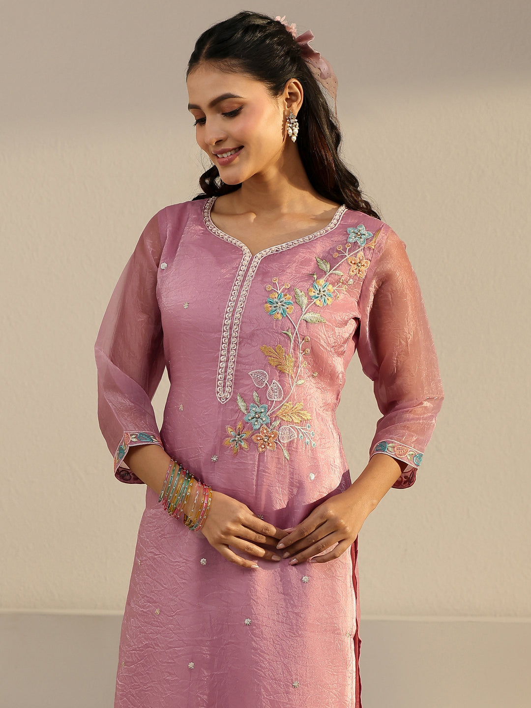  Libas Pink Floral Embroidered Organza Straight Suit Set 