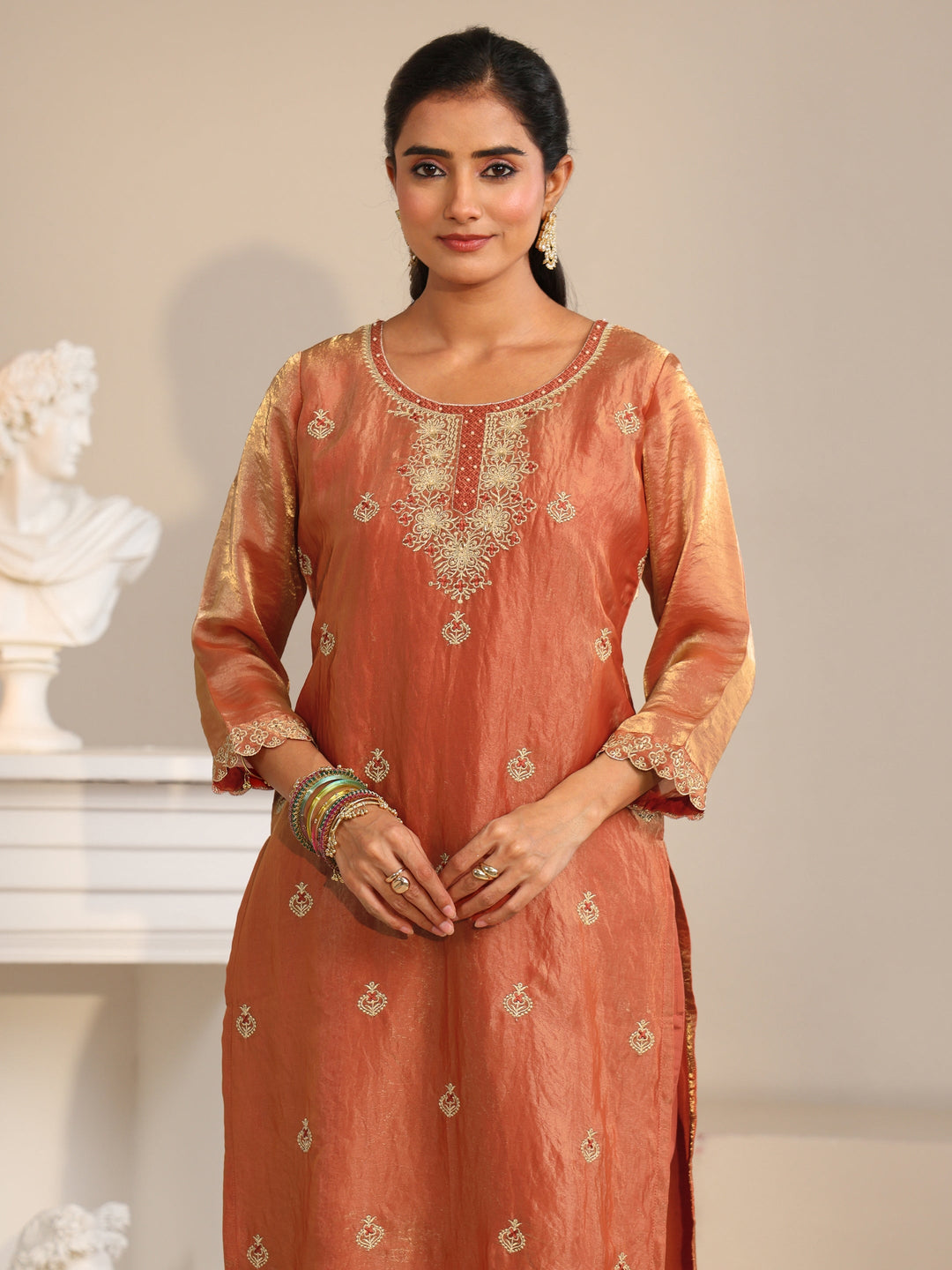  Libas Rust Embroidered Organza Straight Suit Set 