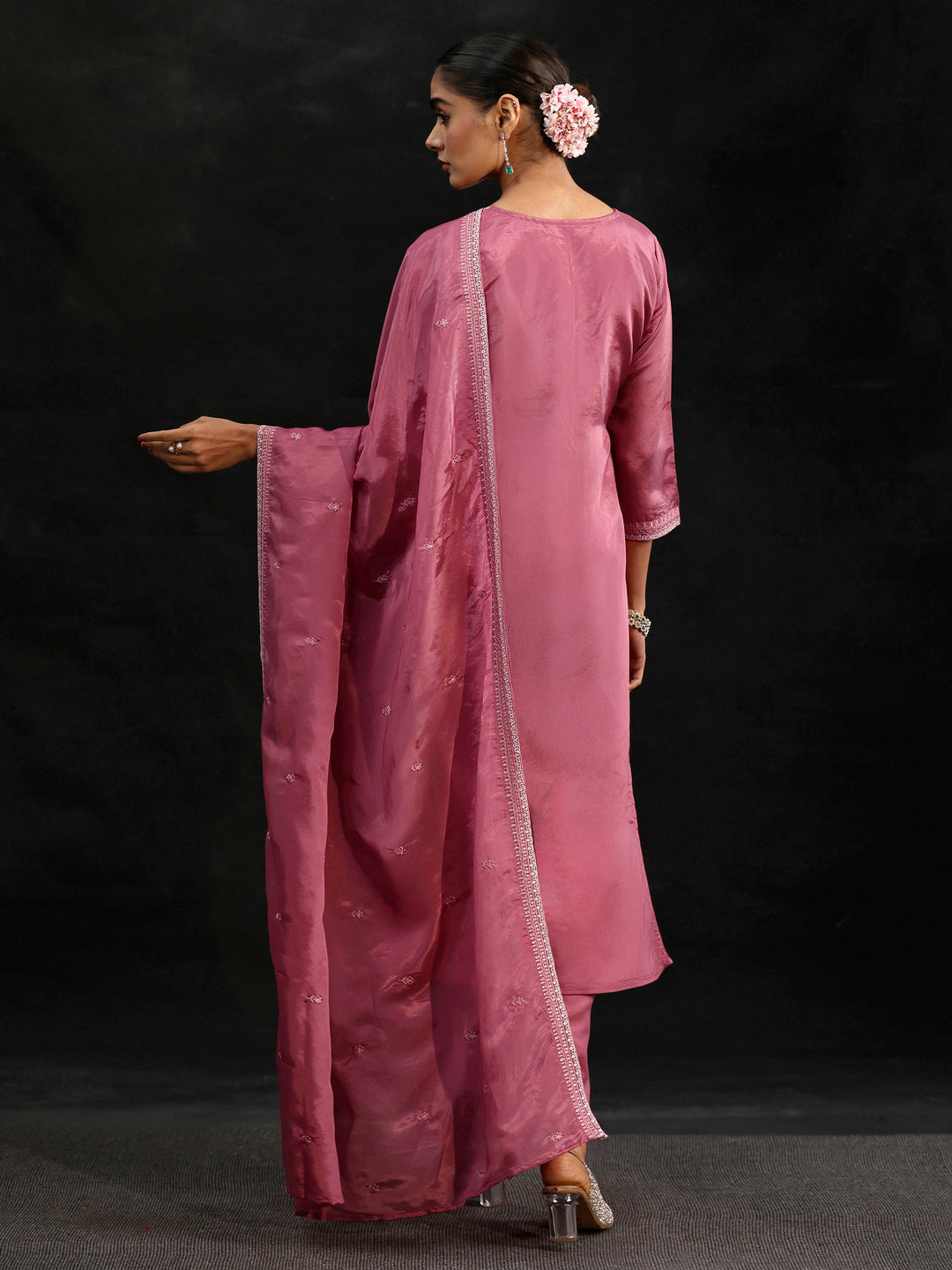  Libas Pink Floral Embroidered Organza Straight Suit Set 