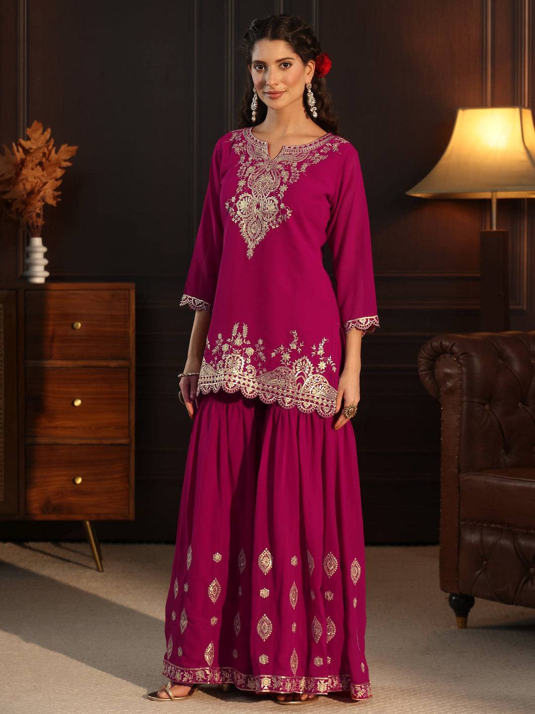  Libas Rani Pink Sequin Embellished Georgette Sharara Suit Set 