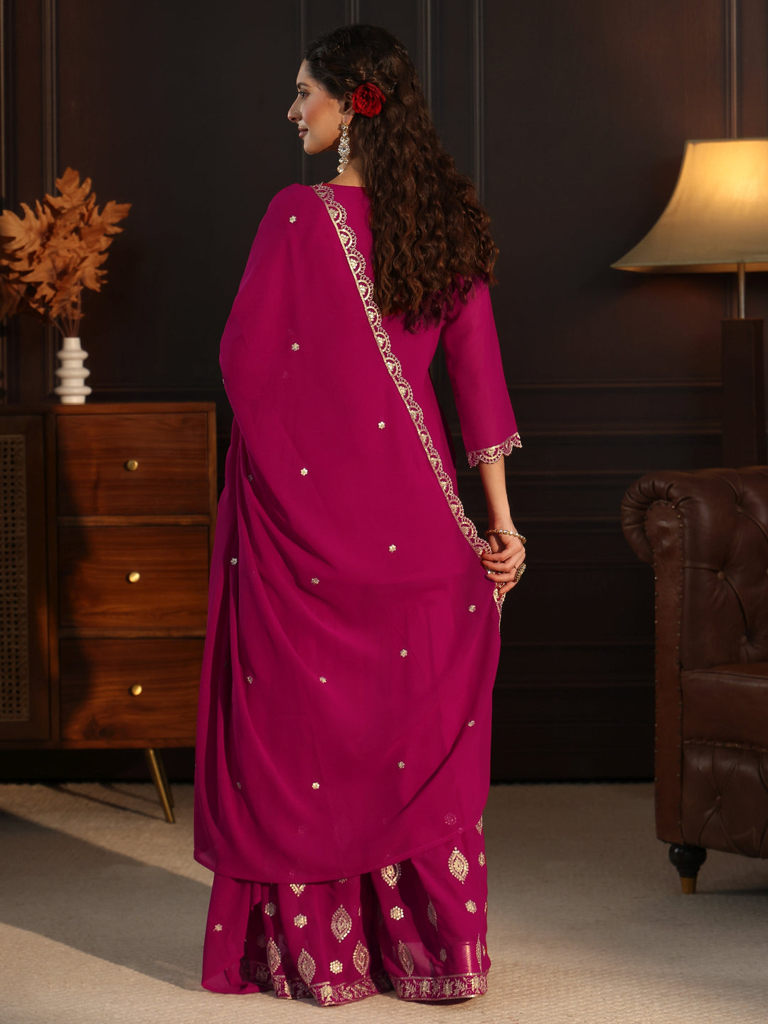  Libas Rani Pink Sequin Embellished Georgette Sharara Suit Set 