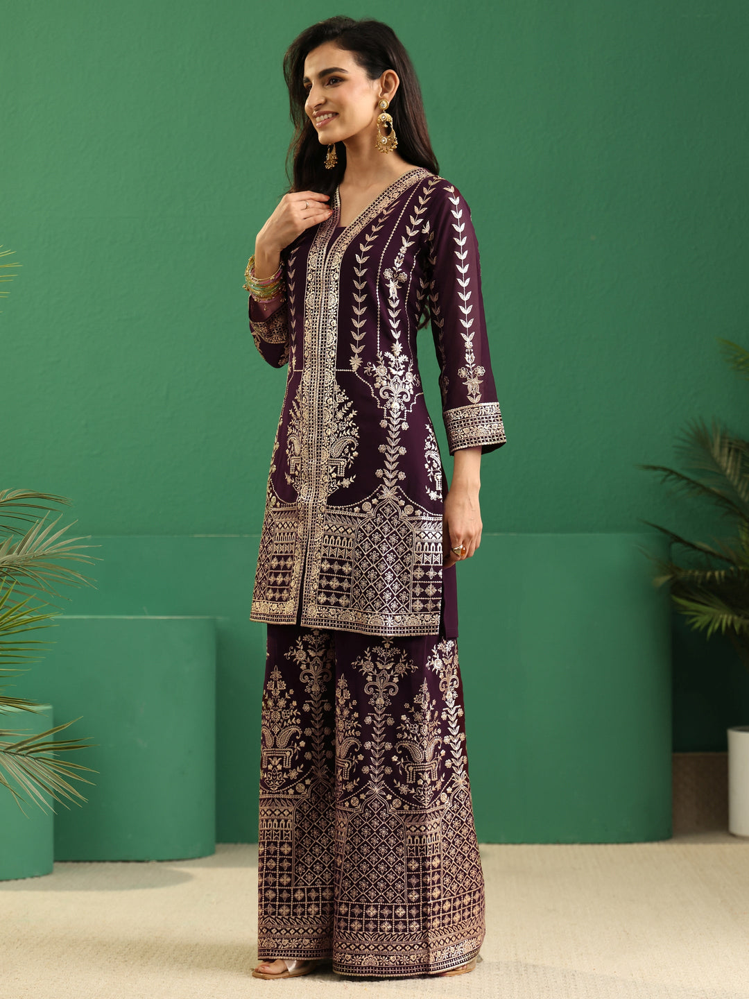 Libas Art Burgundy Embellished Georgette Palazzo Suit Set 