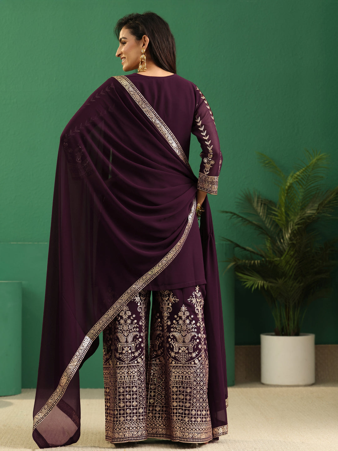  Libas Art Burgundy Embellished Georgette Palazzo Suit Set 