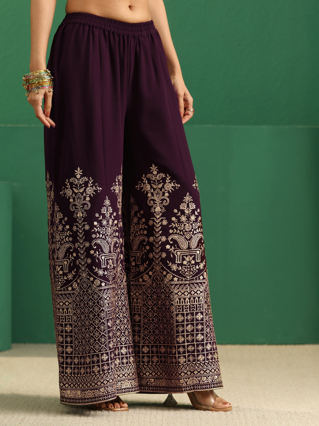  Libas Art Burgundy Embellished Georgette Palazzo Suit Set 