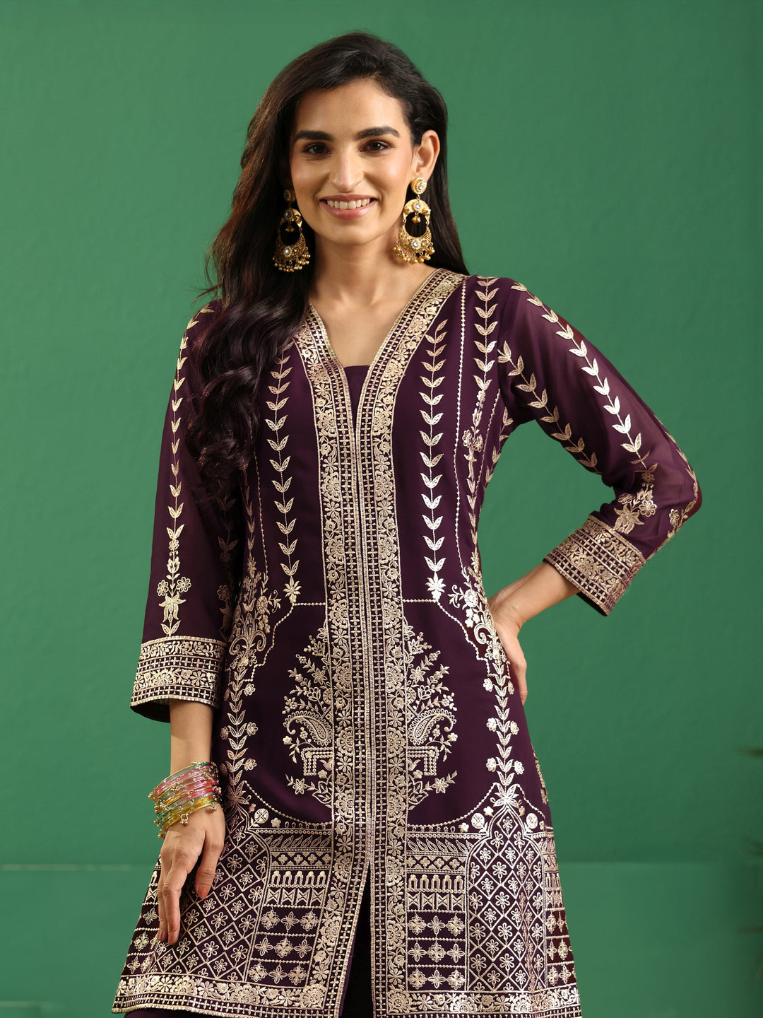  Libas Art Burgundy Embellished Georgette Palazzo Suit Set 